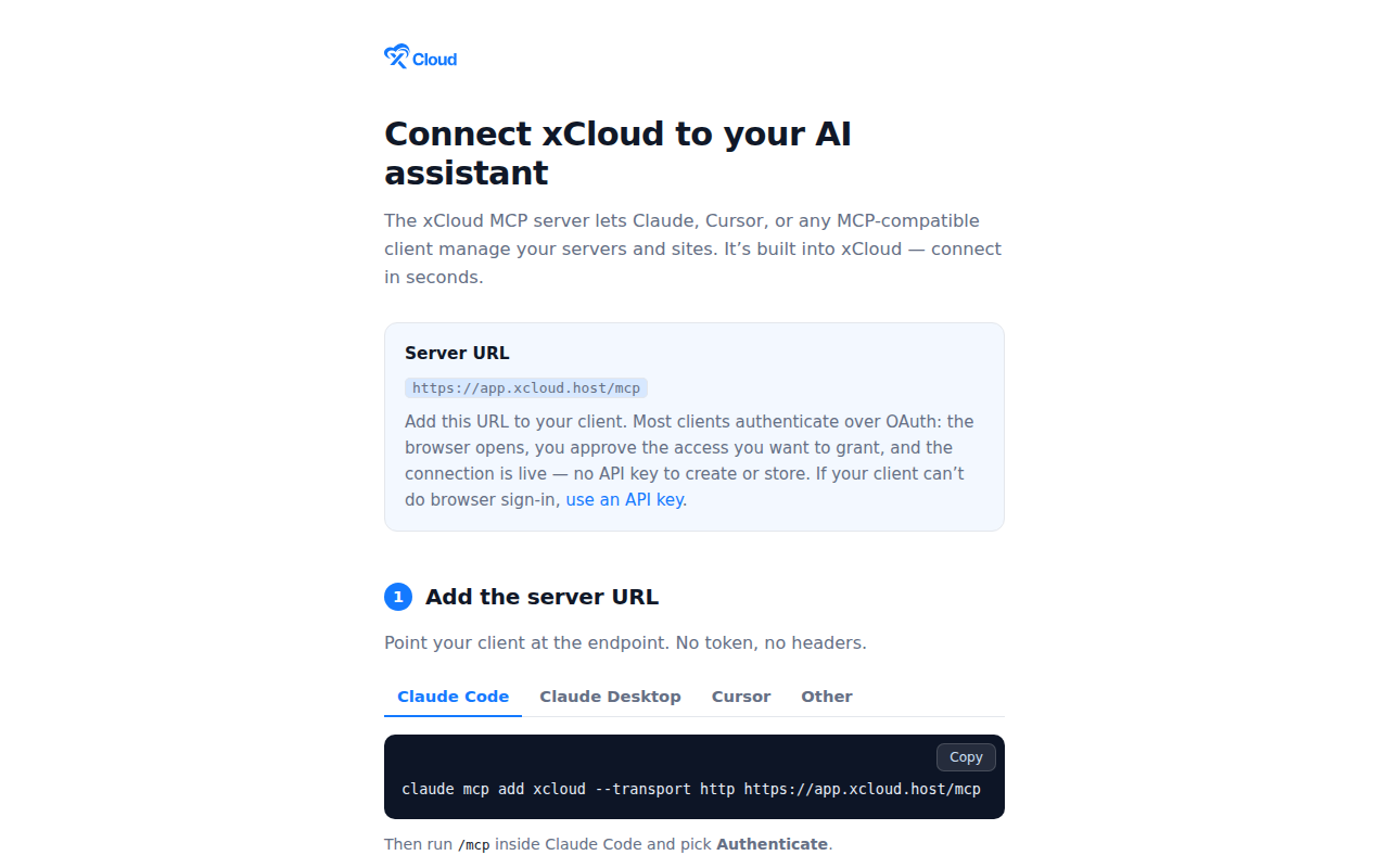 The xCloud MCP setup page in the dashboard: the server URL and tabs for Claude Code, Claude Desktop, Cursor and other clients