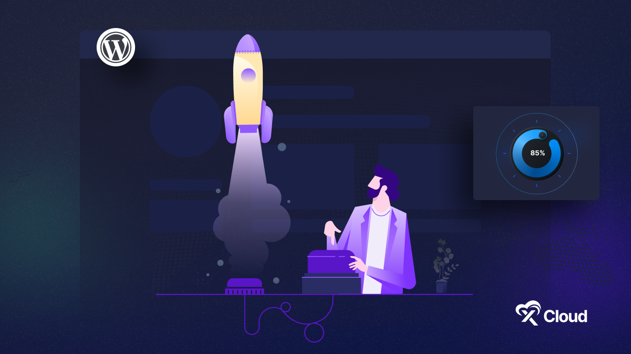 Illustration of a WordPress site launching like a rocket beside a speed gauge