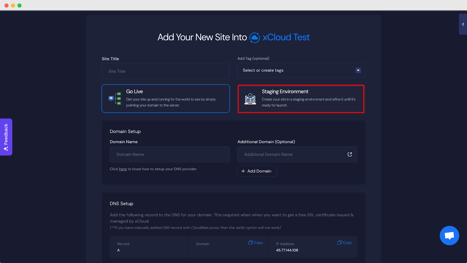 xCloud Add New Site screen with the Staging Environment option highlighted