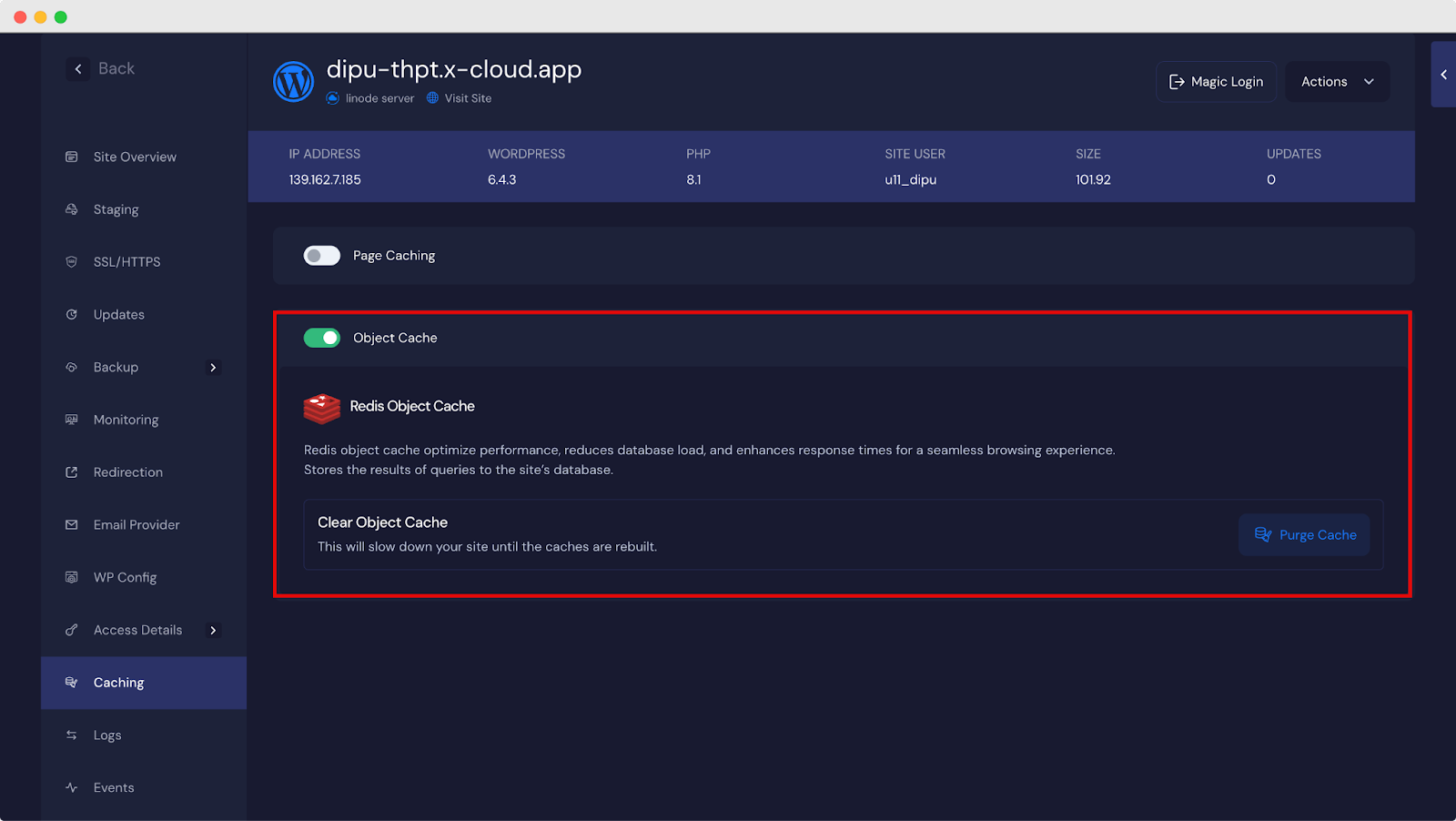 xCloud site Caching tab with the Redis Object Cache toggle switched on