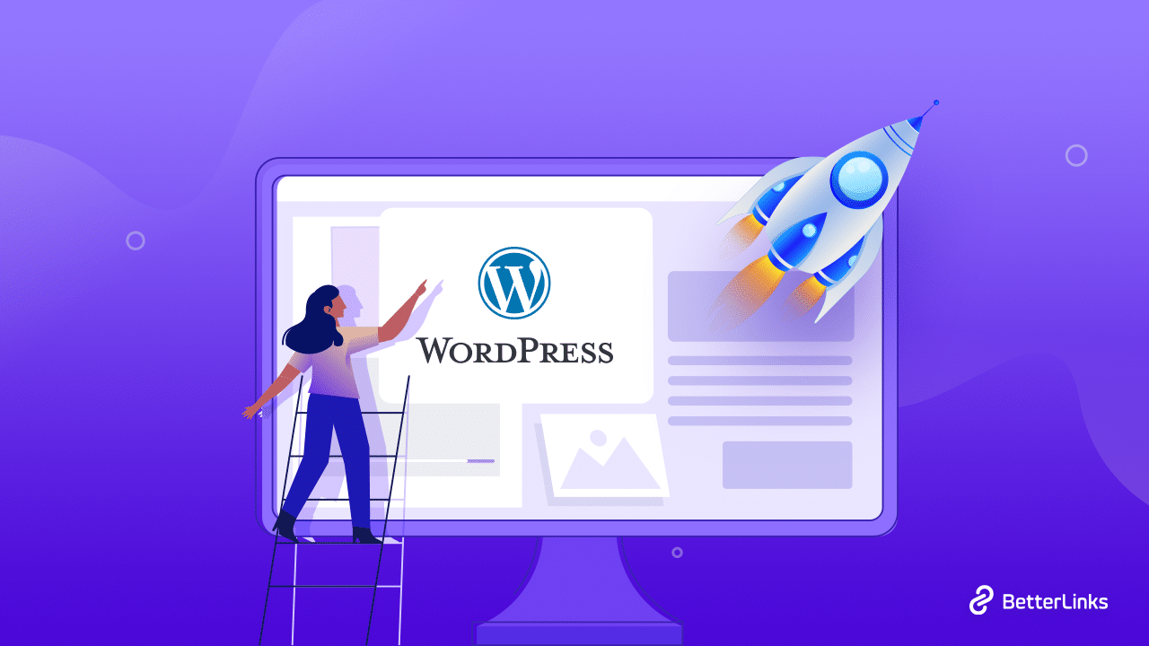 Illustration of a WordPress site on a monitor with a rocket for faster load times