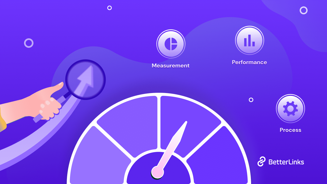 Illustration of a performance gauge with measurement, performance and process icons