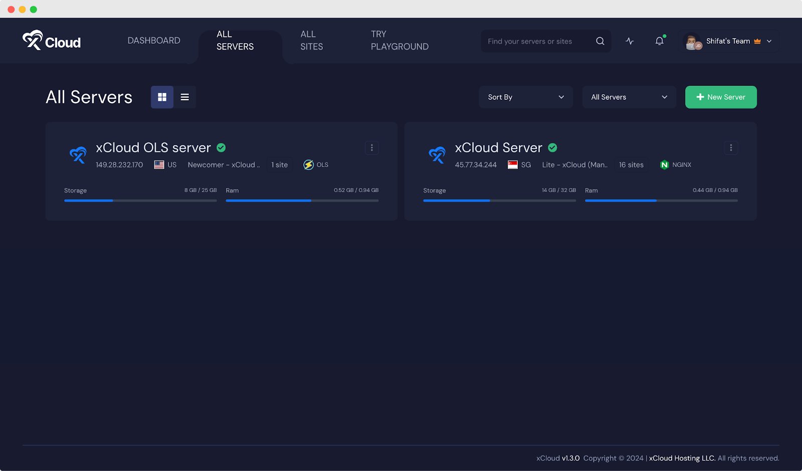 An OpenLiteSpeed server listed under All Servers in xCloud