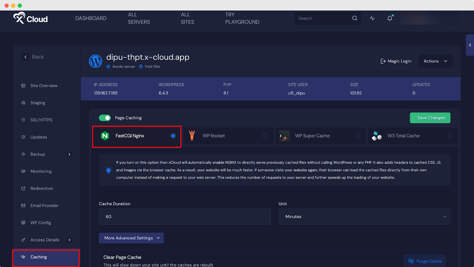 Full page caching settings for a site in the xCloud dashboard