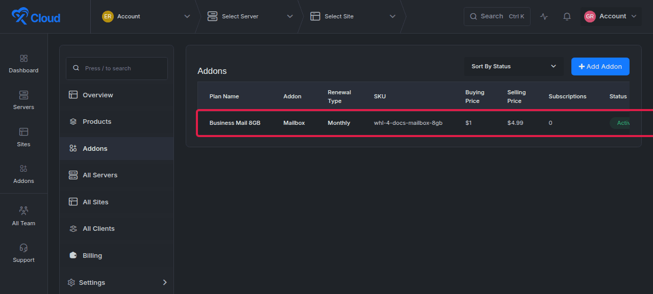 A published white-label reseller Mailbox plan with its own name, price, and SKU.