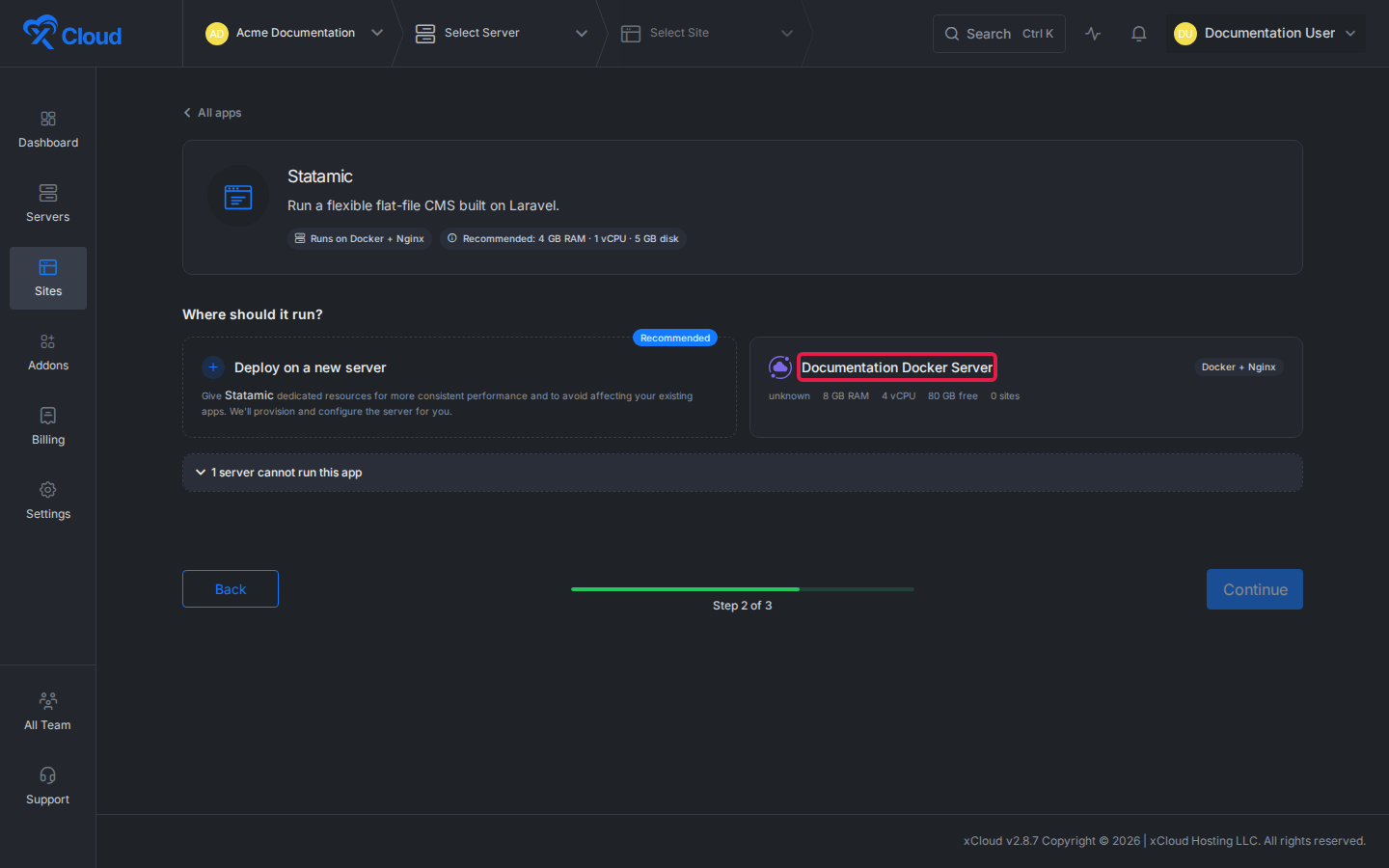 A compatible Docker and NGINX server highlighted for Statamic
