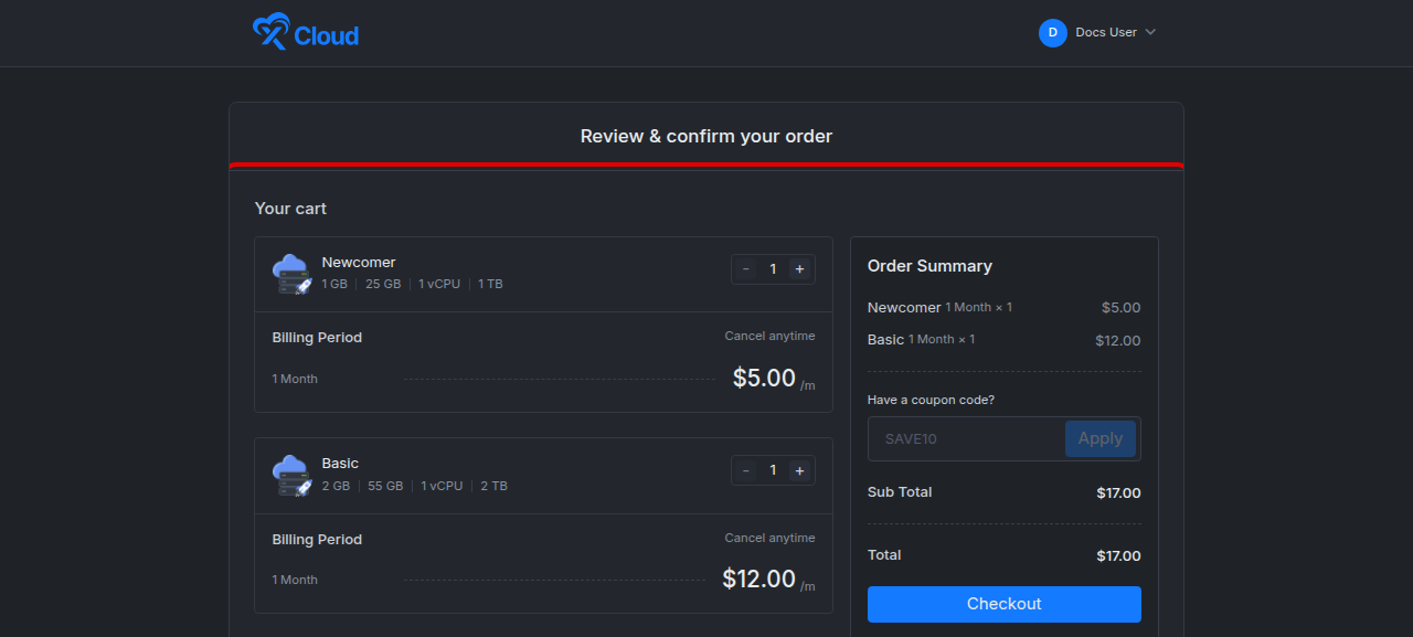 The unified checkout with a separate card per selected product, quantity controls, the coupon field and the order summary