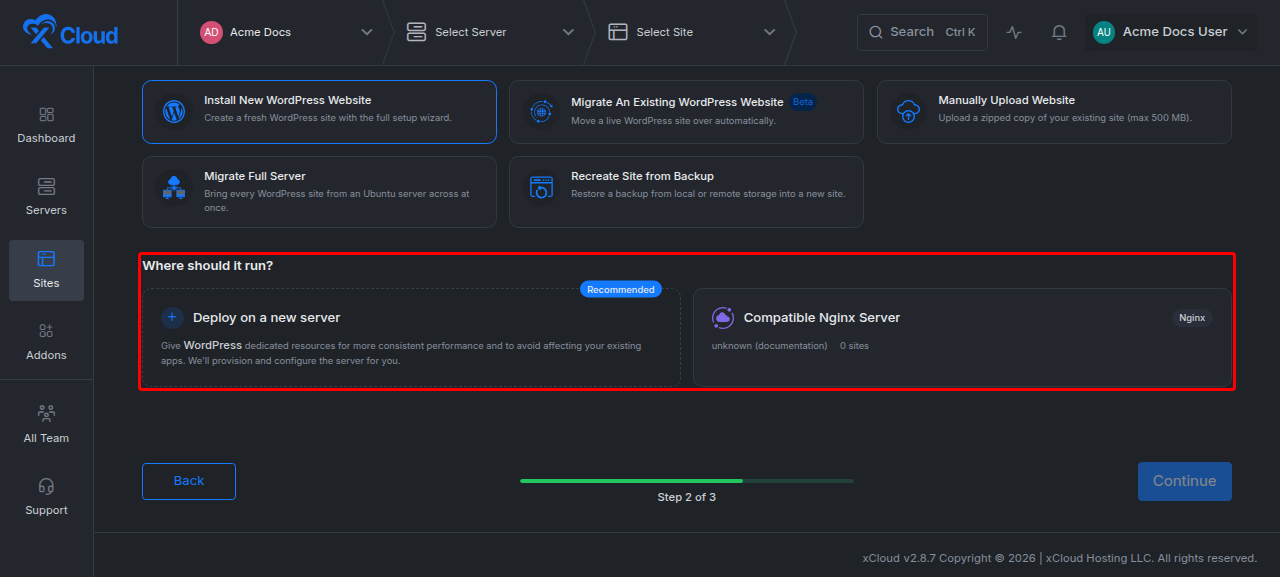The WordPress setup page: Install New WordPress Website selected, with Deploy on a new server and a compatible existing-server card under Where should it run?
