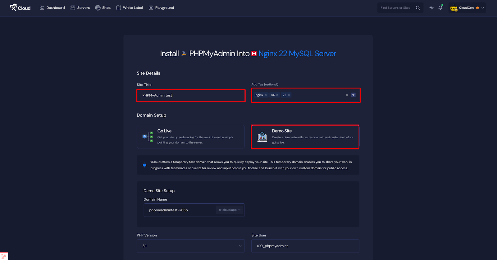 Deploy phpMyAdmin with xCloud