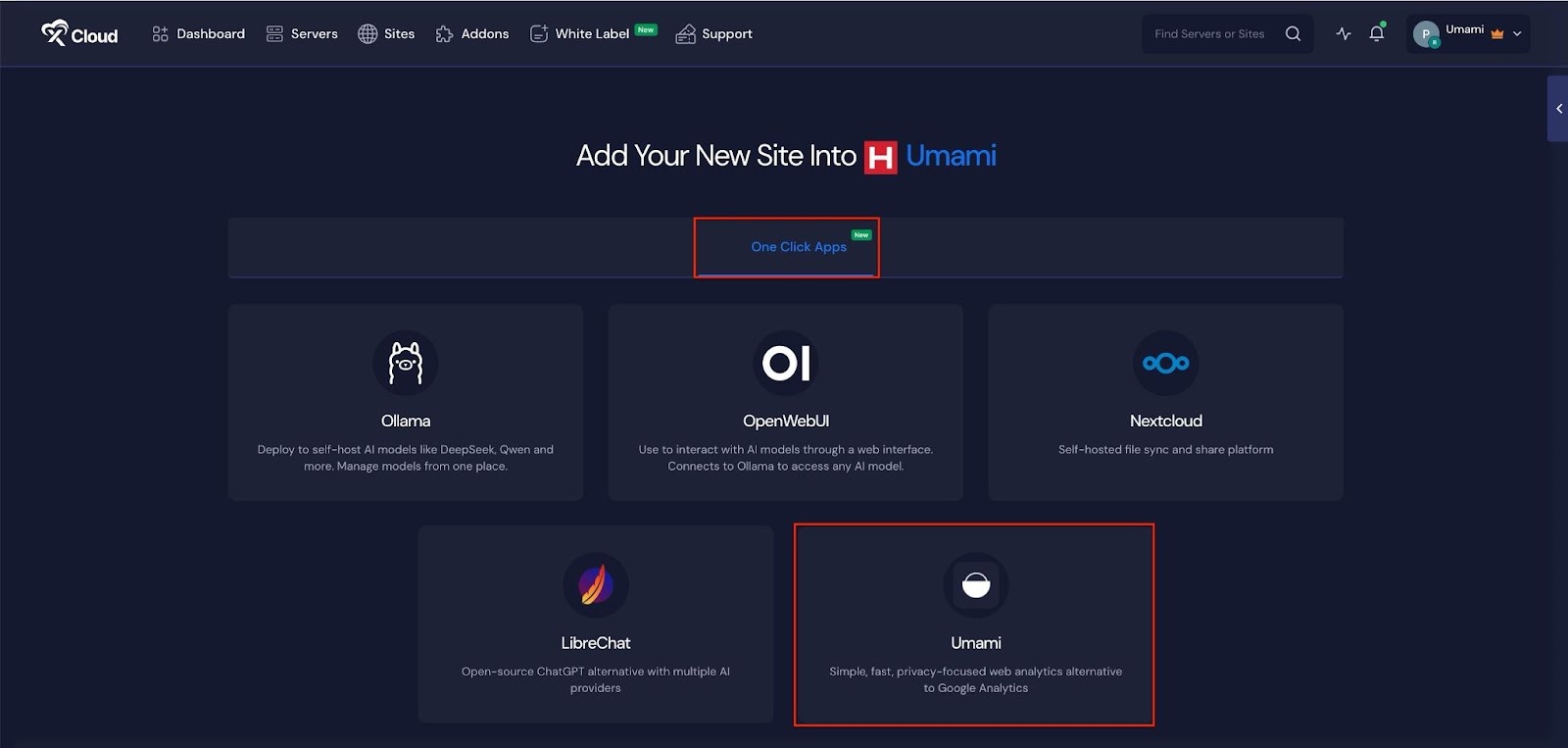 Install Umami with xCloud