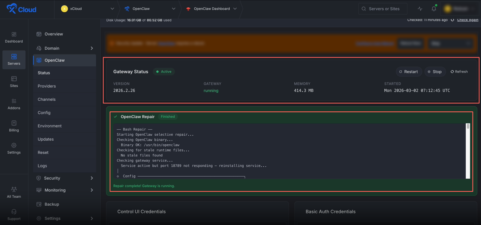 You will see a message indicating OpenClaw Repair Finished