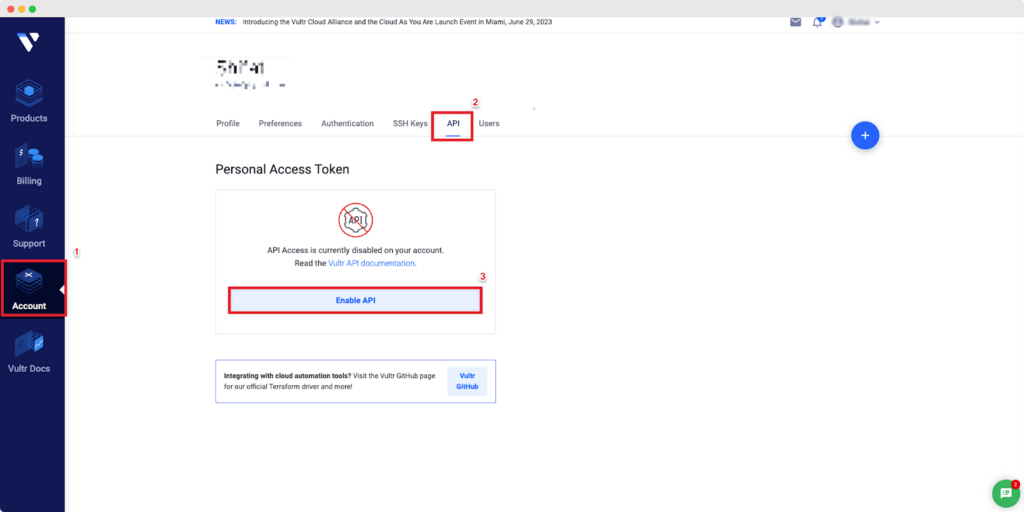 Collect API key from Vultr 