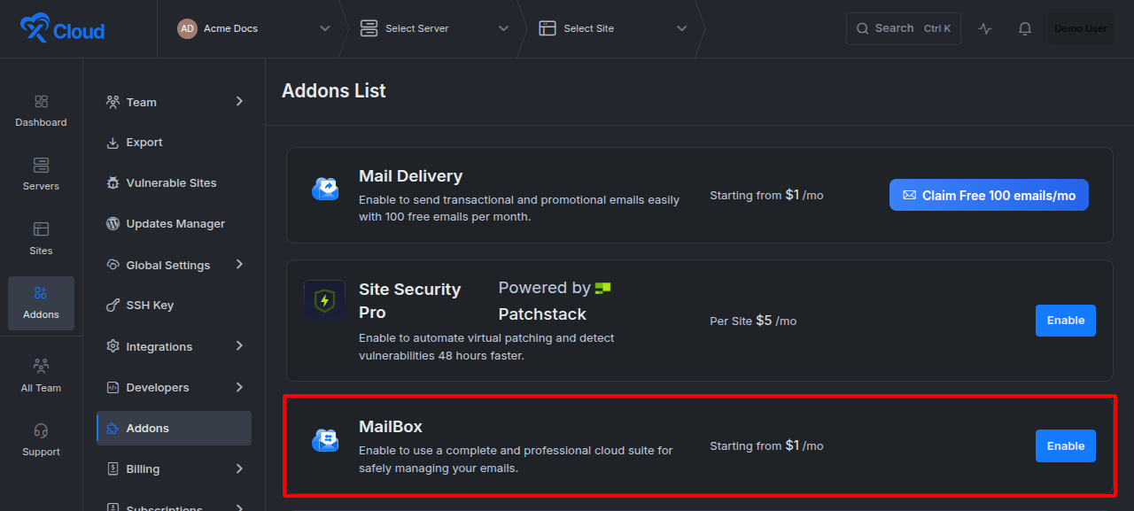 The MailBox card on the xCloud Addons page.