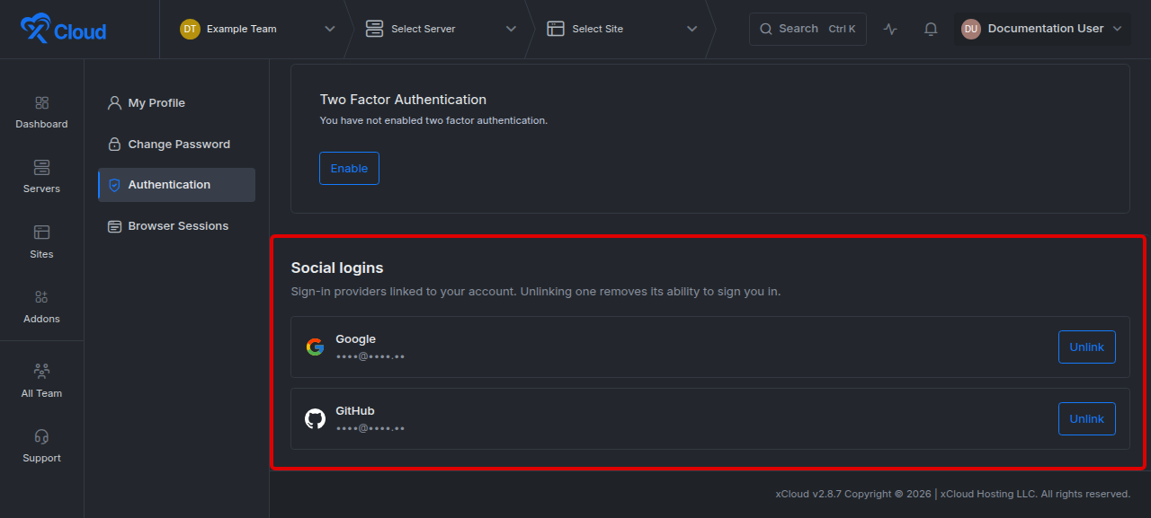 The Authentication settings page with the Social logins list showing a linked provider, its masked identifier and the Unlink button
