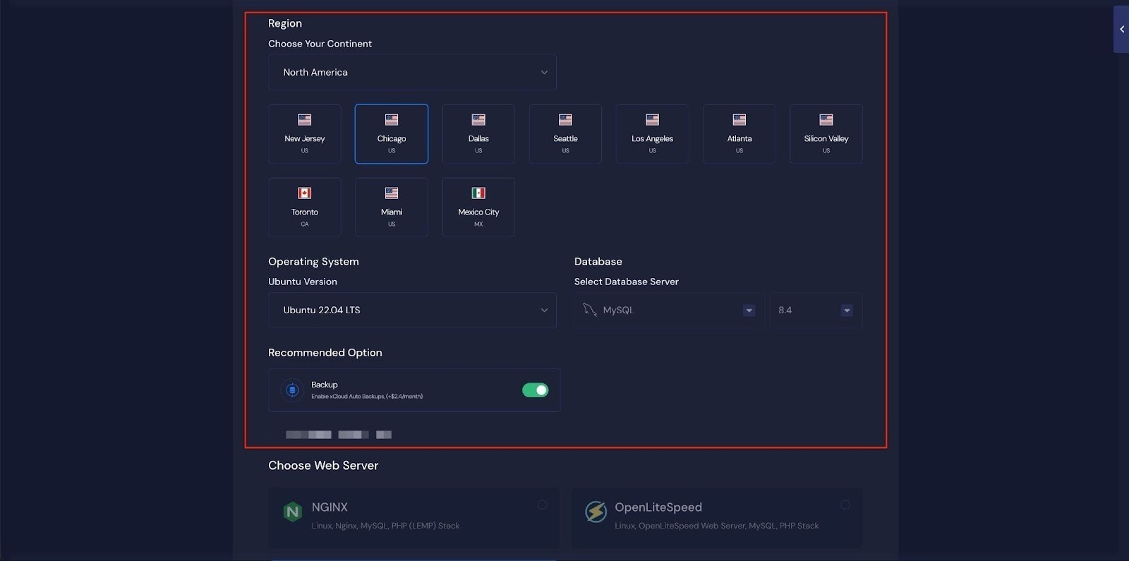 Next, choose the Region and Ubuntu Version for your server.