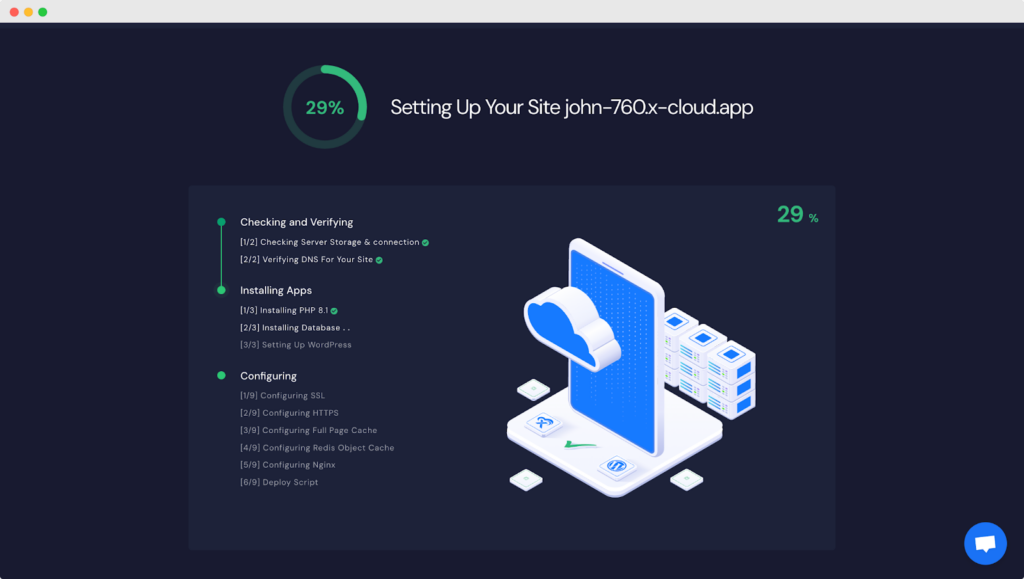 xCloud installing WordPress on the server