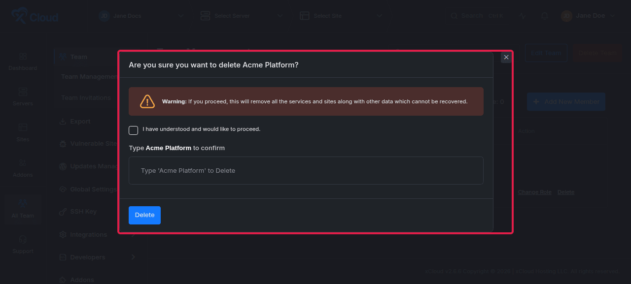 Deletion requires both an acknowledgement and the exact team name.