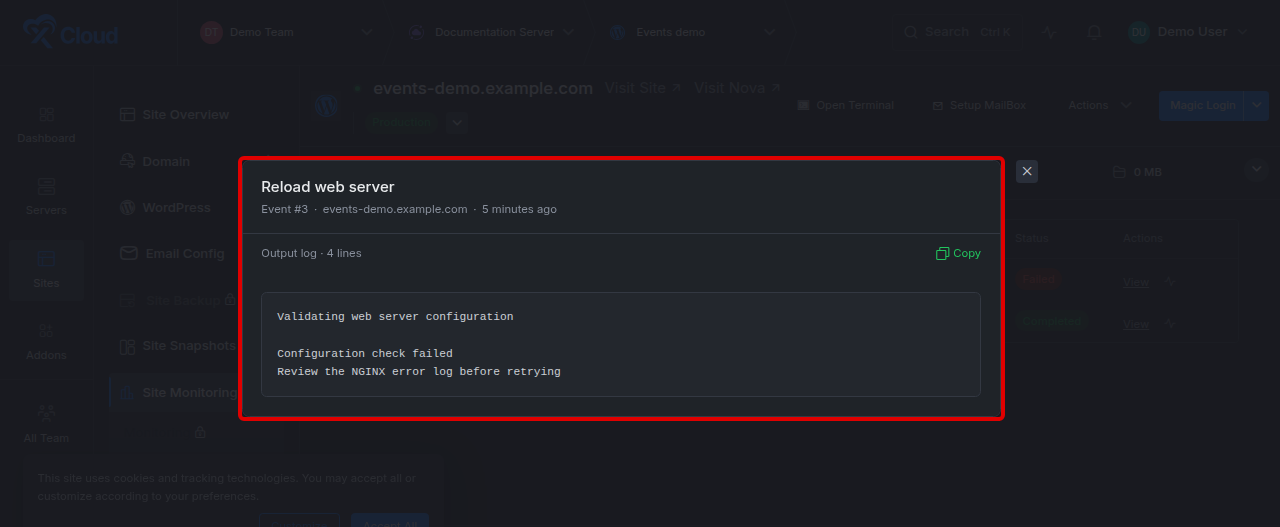 The Event Details modal showing the failed task output, the line count and the Copy button
