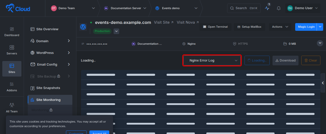 The site Logs viewer with the log-type selector open: WordPress Debug Log, Nginx Log, Nginx Access Log and Nginx Error Log