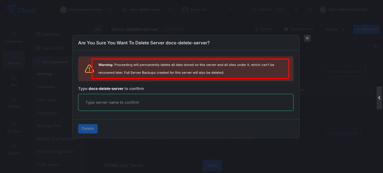 The server deletion confirmation dialog.