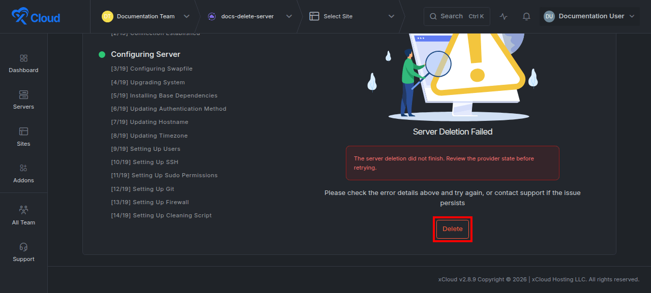 The Server Deletion Failed state.