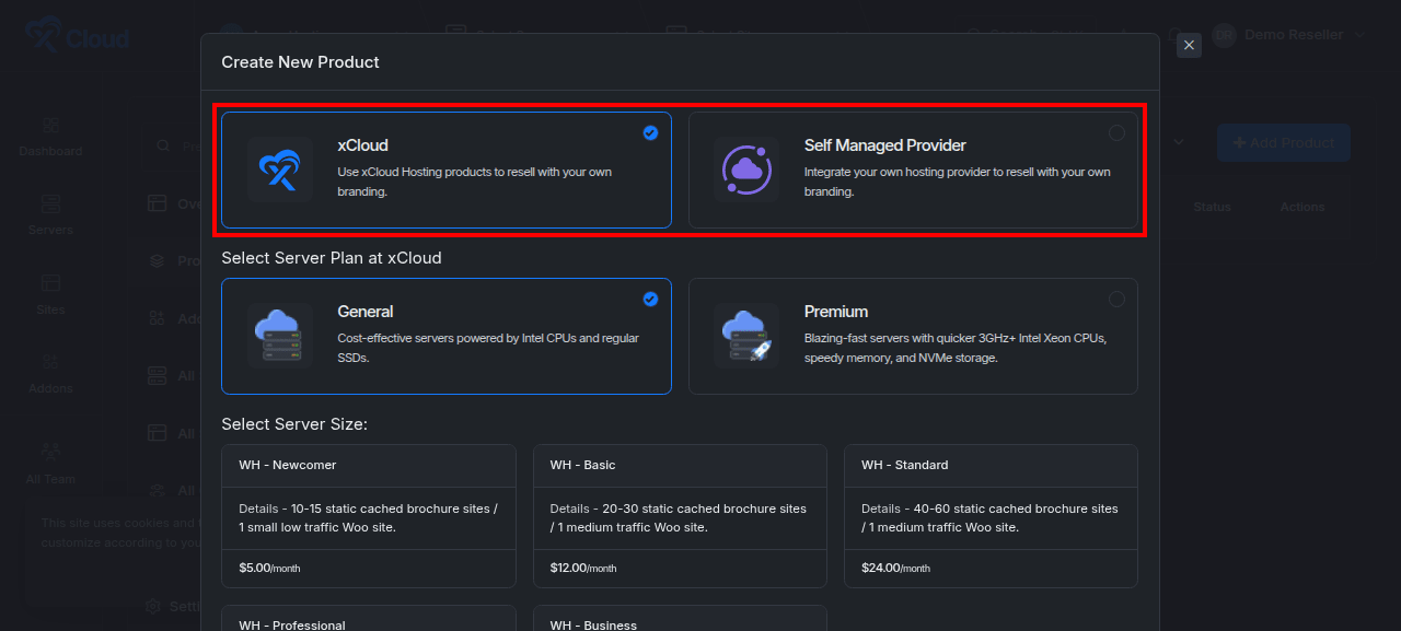 Choosing the product source when adding a reseller product.